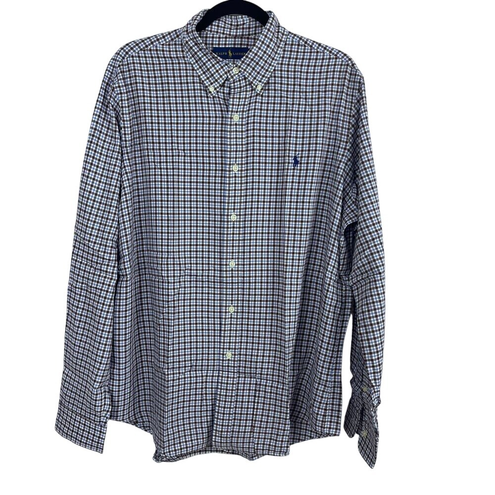 Ralph Lauren Large Button Down Shirt Blue Brown Gingham Plaid Cotton‎ (b499)